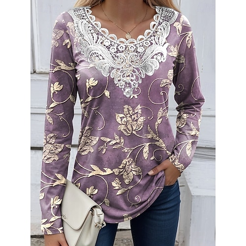  Blouse Femme tunique en dentelle col en V manches longues graphique florale plantes vintage col rond tops réguliers quotidiens sortie week-end impression en patchwork blanche jaune bleue bleu ciel