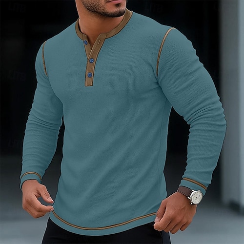  Men's T Shirt Henley Shirt Waffle Knit Tee Tee Top Long Sleeve Shirt Long Sleeve Color Block Solid Fashion Designer Basic Patchwork Henley Vacation Street Casual Spring &  Fall All Seasons Black