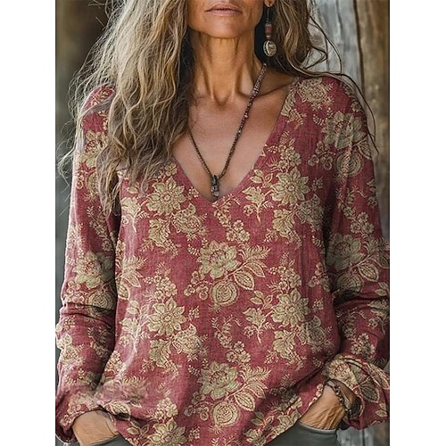 Bohème Pull Rouge Col V Femmes Chemisier Fleuri Bohème Ancien