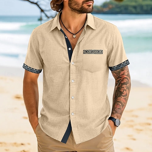  Herren Hemd Leinenhemd Sommerhemd Strandhemd Karomuster Urlaub Lässig Schwarz Marineblau Grün Khaki Kurzarm Kragen Sommer Bekleidung