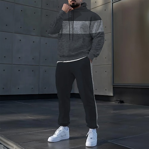  Férfi Színes Vízszintes csíkok 2db 3D pulóver készletek Tracksuit Kapucnis pulóver Hosszú ujj Hosszú nadrág Kapucni Sportos Alkalmi Napi Sportruházat 3D nyomtatás Kapucni Tavasz Ősz Tél Szürke