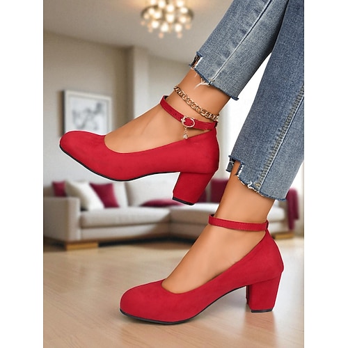  Escarpins Mary Jane rouges à talons carrés pour femmes - Chaussures habillées à bout rond en faux daim avec bride à la cheville, style vintage pour le bureau, les fêtes et le quotidien