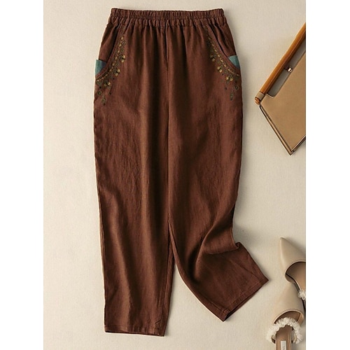  Per donna Pantaloni in cotone e lino Chinos Moda Essenziale Lunghezza intera Vita Alta Floreale Ricamato Comodità All'aperto Micro-elastico Vacanza Streetwear Quotidiano Bianco Giallo Albicocca Caffè