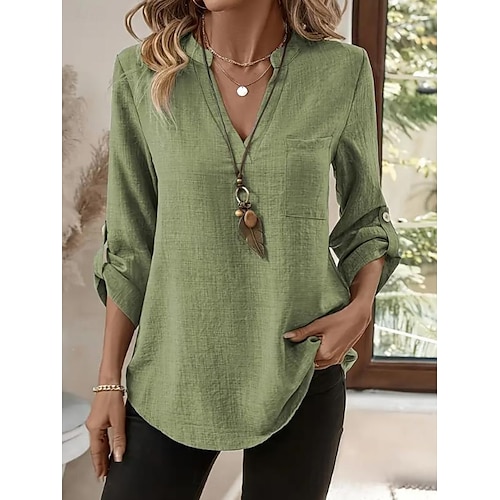 Camicie da donna tinta unita eleganti casual manica lunga scollo a V top normali bottoni quotidiani blu viola verde kaki beige estate primavera