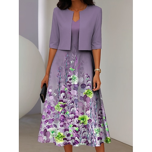  Ensemble de robes pour femmes en deux pièces robe midi avec veste élégante robe en A manches mi-longues robe décontractée semi-formelle imprimé floral ombragé encolure en V rendez-vous rose bleue