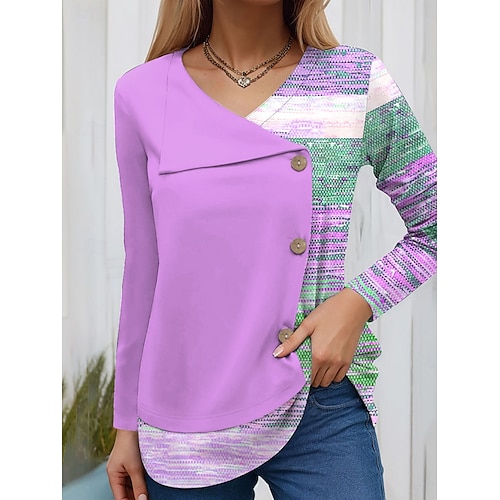  Pentru femei Tricou Grafic Geometric Epocă Modă Stilat Manșon Lung Stil Nautic Topuri obișnuite Zilnic Peteci Nasturi Imprimeu Roz Îmbujorat Albastru piscină Mov Trifoi Primăvară Toamnă Iarnă