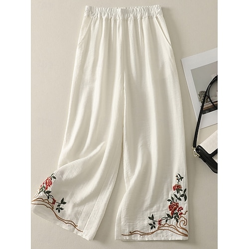  Mujer Pantalones de lino y algodón Chinos Estilo Étnico Básico Casual Longitud total Alta cintura Floral Bordado Bolsillo Cintura elástica Comodidad Al Aire Libre Microelástico Vacaciones Calle Diario