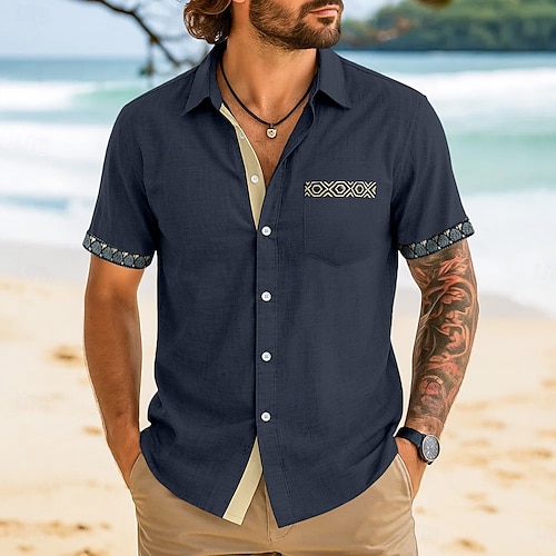  Herren Hemd Leinenhemd Sommerhemd Strandhemd Karomuster Urlaub Lässig Schwarz Marineblau Grün Khaki Kurzarm Kragen Sommer Bekleidung