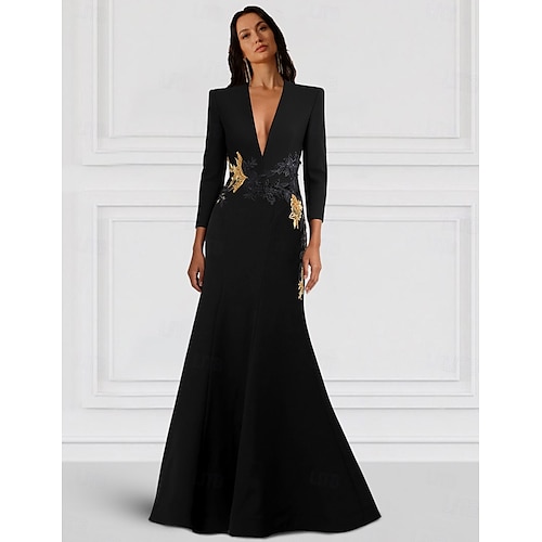 Smokingklänning Sjöjungfru / trumpet Sjöjungfru Formell Bröllop Bröllopsgäst Stretch crepe Elegant Långärmad Golvlång V-hals