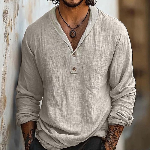  Men's Shirt Linen Shirt Popover Shirt Summer Shirt Beach Wear Solid Color Vacation Street Black Sky Blue Khaki Long Sleeve Collar Summer Spring Clothing Apparel
