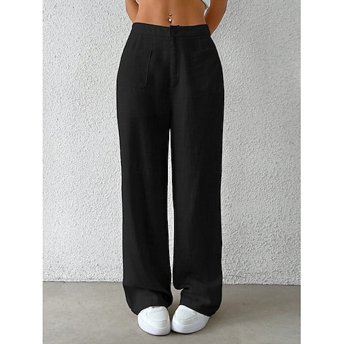 Mulheres Perna larga chinês Moda Básico Casual Comprimento total Cintura Média Côr Sólida Bolsos Conforto Exterior Sem Elasticidade Férias Rua Diário Preto Branco Azul Damasco Verão Primavera Outono