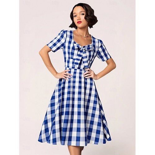Retro Vintage 1950s Rockabilly Knee Length Dress Swing Dress Flare Dress Plaid Check Checkered Gingham Fancy Dress Women's Carnival Masquerade