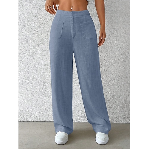  Mulheres Perna larga chinês Moda Básico Casual Comprimento total Cintura Média Côr Sólida Bolsos Conforto Exterior Sem Elasticidade Férias Rua Diário Preto Branco Azul Damasco Verão Primavera Outono