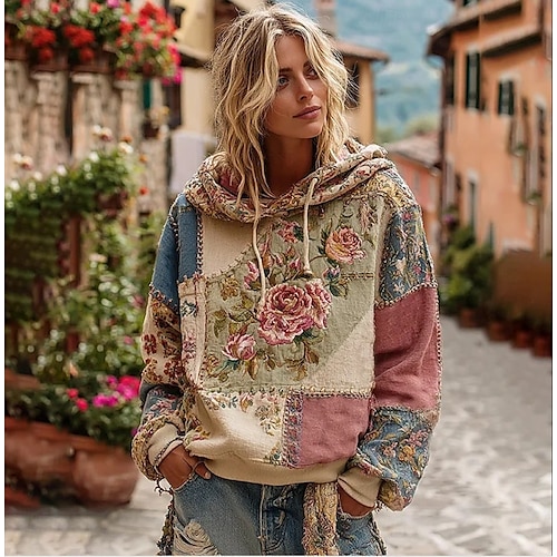  Damen 3D-Print Hoodie Pullover Sweatshirt Oversized Langarm Lässig Grafik Floral Warm Aktiv Kapuze Reguläre Tops Street Dailywear Patchwork Schwarz Weiß Gelb Dunkel Pink Frühling Herbst Winter