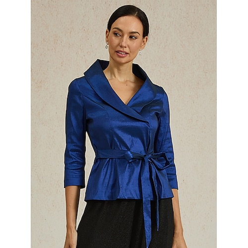  Dame Bluse Kveldstopper Elegant metallic Stilfull 3/4 ermer V-hals Vanlige topper Bryllupsgjest Aftenselskap Semi-formelt knyte foran Marineblå Vår, Høst, Vinter, Sommer