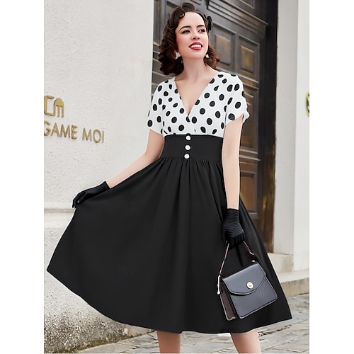 Retro Vintage 1950s Grease Outfits Rockabilly Midi Dress Swing Dress Flare Dress  High Waist Polka dots A-Line Deep V Fancy Dress Women's Carnival New Year  Tea Party Casual Daily Retro Adults' Dress