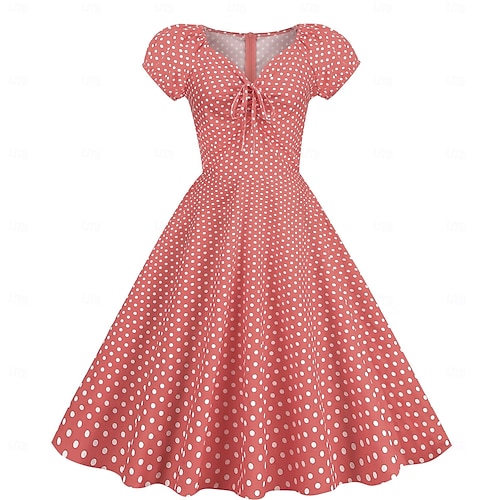 retro theme dress for ladies Fit Flare Women's 50s 1950s Retro Vintage Rockabilly Swing Flare Dress Fit And Flare Polka Dots V Neck Fancy Dress Women's Halloween Carnival Vacation Casual Daily Retro Theme Party retro theme kitty party dress