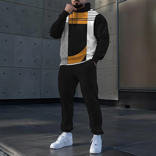  Férfi Színes 2db 3D pulóver készletek Tracksuit Kapucnis pulóver Hosszú ujj Hosszú nadrág Kapucni Sportos Alkalmi Napi Sportruházat 3D nyomtatás Tavasz Ősz Tél Narancssárga