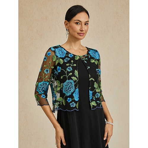  Damen Strickjacke Spitze bestickt elegant Basic lässig geblümt formell kurz Rundhalsausschnitt lockere Passform 3/4-Ärmel Oberbekleidung Marineblau Sommer Frühling