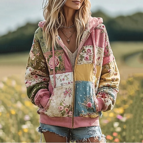  Kvinners 3D Print Hetter Sweatshirt Jakke Langermet Zip Up Hetter Med Lomme Lett Kledelig Mikrodeformbar Zip Up Hetter Blomster Grafisk Gate Hverdagsklær Patchwork Lomme Gul Rosa Høst