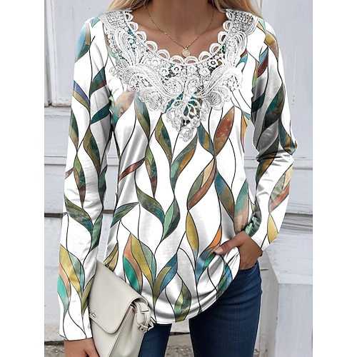  Blouse Femme tunique en dentelle col en V manches longues graphique florale plantes vintage col rond tops réguliers quotidiens sortie week-end impression en patchwork blanche jaune bleue bleu ciel