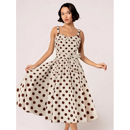 Retro Vintage 1950s Grease Outfits Rockabilly Midi Dress Swing Dress Flare Dress With Belt Spaghetti Strap Polka dots A-Line Fancy Dress Women's Carnival Daily Wear Tea Party Retro Adults Dress Spring 2026