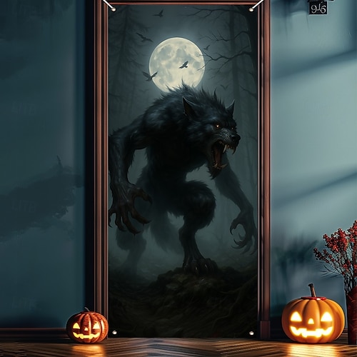 Halloween Dörrskydd – Ond demon som kommer fram ur en träddörr Inträdesbanner till hemsökt hus Spöklik utomhus- och inredningsdekoration för Halloween 2025 i sovrum vardagsrum badrum