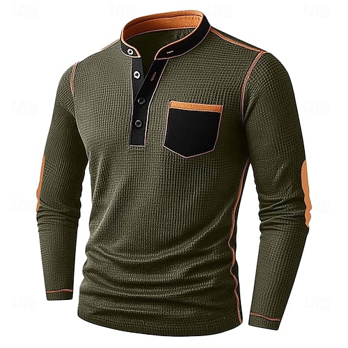  Męskie Koszula Henley z waflami Koszulki Długi rękaw Jednokolorowe Równina Moda Designerskie Codzienny Kolorowy blok Guziki Henley Na zewnątrz Codzienny Lato Jesień Zima Czarny Granatowy Khaki