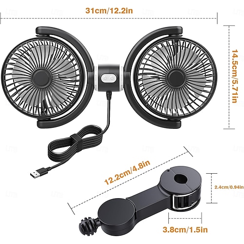  Ventilátor do auta napájený z USB pro miminka, duální ventilátory pro zadní sedadla, 3 rychlosti, samostatně ovládaný, tichý bezkartáčový motor, 360° otočný, 5V, cirkulace vzduchu pro zadní sedadla