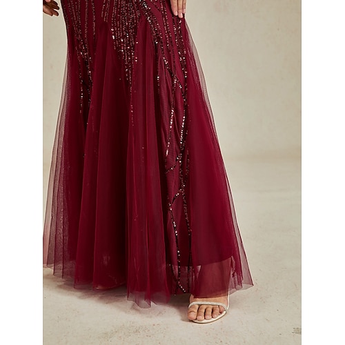  Damen Maxikleid Trompeten- Meerjungfrauenkleid Elegant Party Formell Cocktailparty Normale Passform Einfarbig Langarm Rundhalsausschnitt Burgunderrot Frühling Herbst Winter