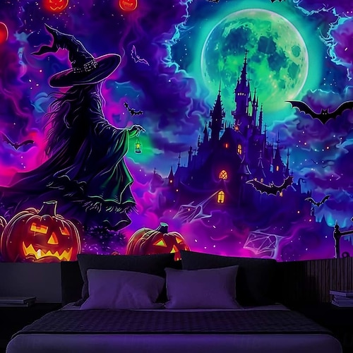 Halloween Blacklight Wall Tapestry – UV Reactive Glowing Moon over