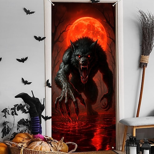  Halloween Dörrskydd – Ond demon som kommer fram ur en träddörr Inträdesbanner till hemsökt hus Spöklik utomhus- och inredningsdekoration för Halloween 2025 i sovrum vardagsrum badrum