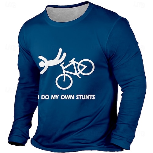  maglietta da uomo con scritta "I do my own stunts", maglietta a maniche lunghe con stampa 3D, girocollo, moda, basic, street casual, abbigliamento quotidiano, nero, rosso e blu.