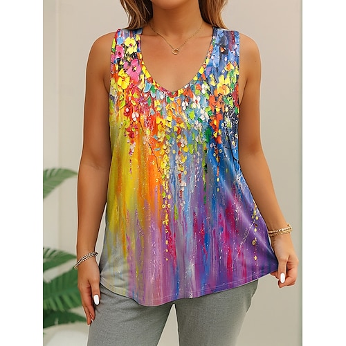  Women's Plus Size Tops T Shirt Graphic Abstract Sleeveless V Neck Casual Daily Polyester Summer Yellow Blue