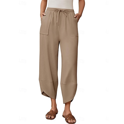  Damen Hose aus Baumwollleinen Chinos Mode Basic Volle Länge Hohe Taille Einfach Tasche Kordelzug Komfort Außenbereich Mikroelastisch Urlaub Straße Täglich Armee-Grün Schwarz Blau Khaki Sommer