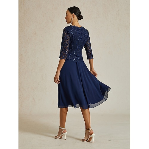  Femmes Robe Midi Robe en Chiffon Élégant Fête Anniversaire Coupe régulière Couleur Unie Manche 3/4 Col ras du cou bleu marine Été Printemps Automne