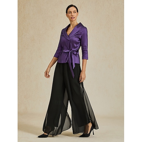  Dame Bluse Kveldstopper Helfarge عادي Elegant metallic Stilfull 3/4 ermer V-hals Vanlige topper Bryllupsgjest Aftenselskap Semi-formelt knyte foran Aubergine Vår, Høst, Vinter, Sommer