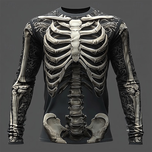  Halloween Day of the Dead Skull Men's Skeleton Costume T Shirt Long Sleeve T shirt 3D Print Crew Neck Shirt Fashion Exaggerated Street Casual Daily  Summer Spring Fall Clothing Apparel