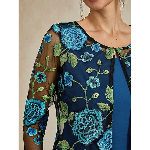  Damen Strickjacke Spitze bestickt elegant Basic lässig geblümt formell kurz Rundhalsausschnitt lockere Passform 3/4-Ärmel Oberbekleidung Marineblau Sommer Frühling
