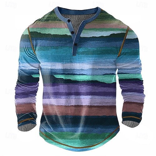  Homens Arco-Íris Geométrico Camisa Henley Camiseta Waffle Manga Longa Vintage Diário Retro Vintage Esportes Casual Feriado Primavera Verão Todas as Estações Marron Escuro Azul Verde Vinho Henley
