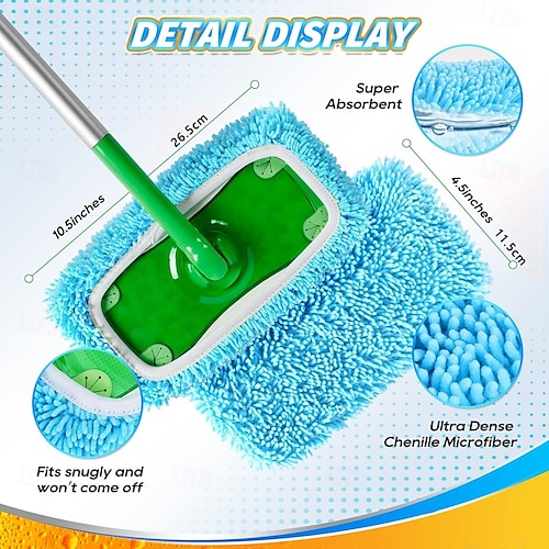  Ensemble de tampons de vadrouille en microfibre réutilisables Recharges de vadrouille lavables de 12 pouces pour nettoyage humide &nettoyage à sec, compatible avec la plupart des serpillères plates,
