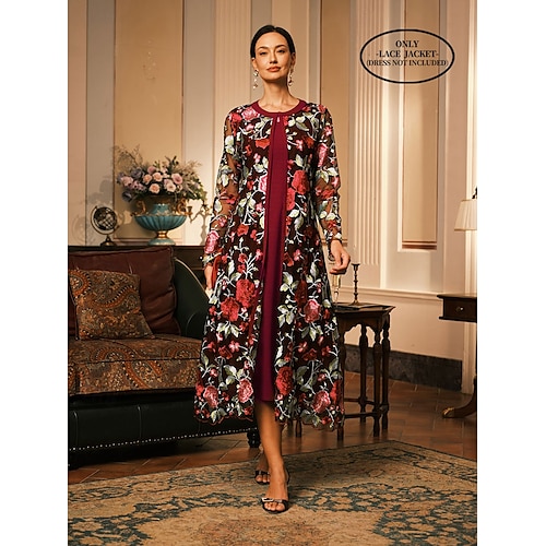  Femmes Manteau Respirant Dentelle Broderie Élégant Fleuri Formel Mariage Soirée Long Col Rond Coupe Ample manche longue Vêtements d'extérieur Gris Rose Noir Rouge Bordeaux Été Printemps
