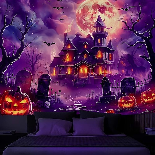 Halloween Blacklight Wall Tapestry – UV Reactive Haunted House