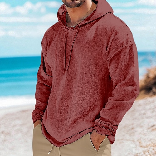  Per uomo Maglia Henley Maglietta in lino Manica Lunga Con Cappuccio Estate Primavera Tinta unica Semplice Vintage Stile Boho Casual Senza bordo Vacanza Streetwear Casuale Bianco Rosa Blu chiaro