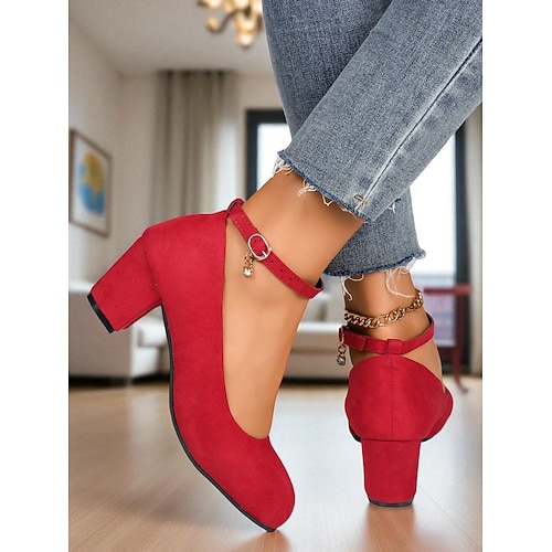  Escarpins Mary Jane rouges à talons carrés pour femmes - Chaussures habillées à bout rond en faux daim avec bride à la cheville, style vintage pour le bureau, les fêtes et le quotidien