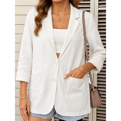  Blazer feminino de algodão e linho, confortável, respirável, com bolso, casual, liso, para escritório, casual, uso diário, abotoamento simples, regular, abertura para baixo, ajuste regular, manga comprida, agasalho branco, verde, bege, verão