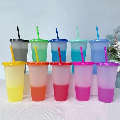 10 Farbwechselbecher mit Deckel und Strohhalm, 24 oz/710 ml wiederverwendbare Becher für Kaltgetränke, temperaturempfindliche Plastikbecher für draußen, Reisen, Partys, Geschenke 2026