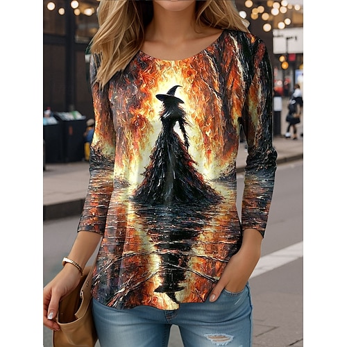 Halloween Women's T Shirt Graphic Witch Vintage Stylish Casual Long Sleeve Crew Neck Round Neck Regular Tops Daily Print Blue Purple Orange Green Summer Spring Fall