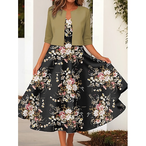  Femmes Robe Ensemble Robe Midi Vacances Fête Fleuri Imprimé Robe Midi Manche 3/4 Col ras du cou Quotidien Jaune Bleu Violet Printemps Automne Coupe régulière