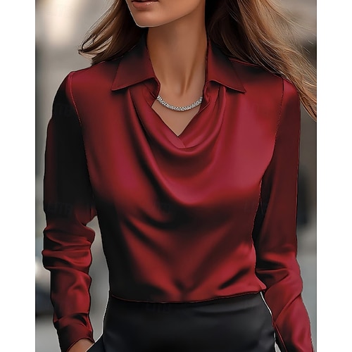  Damen Hemd Bluse Einfach Modern Lässig Langarm Hemdkragen Normale Oberteile Täglich Ausgehen Gerafft Schwarz Wein Marineblau Blau Khaki Herbst